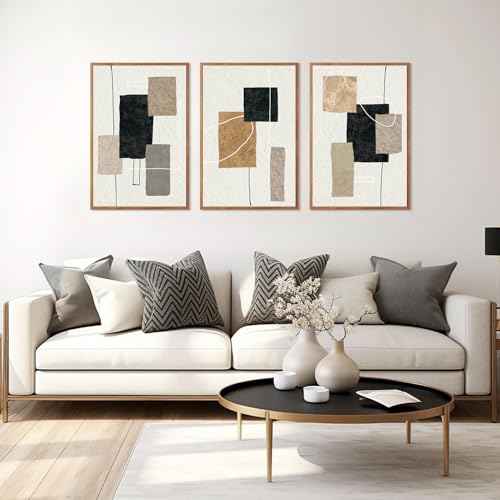 KAlRNE Neutral Abstract Wall Art Beige Block Lines Prints Set (3 Count)