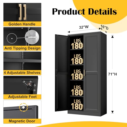 71"Metal Pantry Storage Cabinet with Doors & 4 Adjustable Shelves