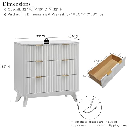 32" Large Fluted Nightstand with 3 Drawers Set of 2 (2 Count)