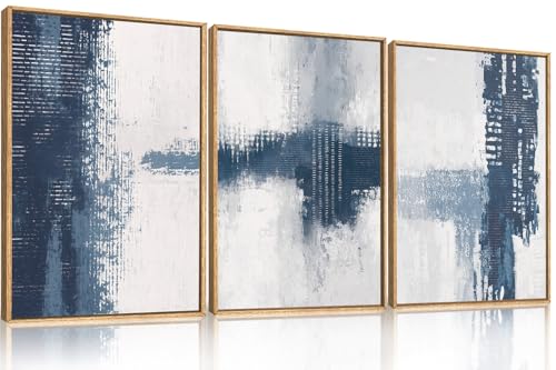 Abstract Navy Blue Grey Framed Canvas Wall Art Set