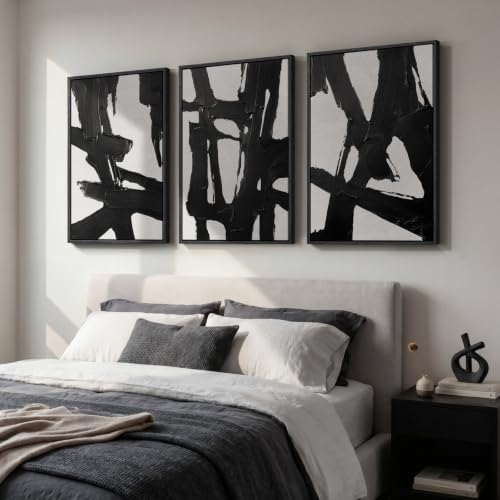 Large Framed Black and White Abstract Wall Art for Living Room (3 Count)
