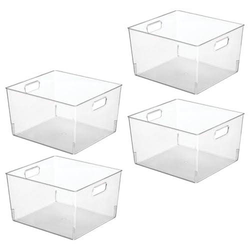Large Modern Stackable Plastic Storage Organizer Bin Basket with Handles for Bathroom Vanity Organization (4 Count)