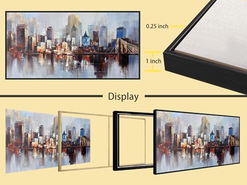 Brooklyn Bridge Wall Art Modern New York Abstract Canvas Cityscape Painting NYC Skyline Textured Picture for Living Room Bedroom Home Office Wall Decor Extra Large Size Black Wood Framed 58"x29"