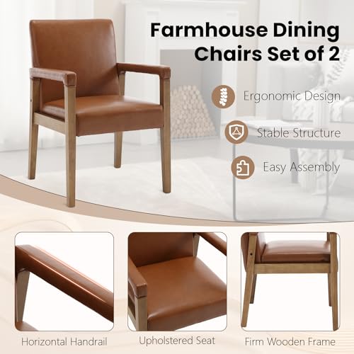 Modern Dining Chairs Set of 4 Faux Leather Kitchen Arm Chairs Upholstered Accent Chairs with Wooden Legs for Dining Room