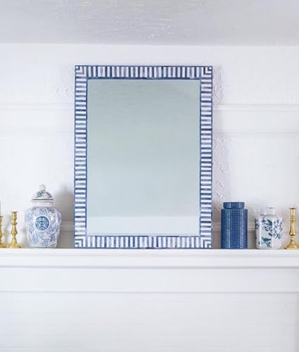 Hansa Industries Bone Inlay Wall Mounting Mirror Bar Harbor Blue Striped Waterfall Pattern Decorative Aesthetic Mirror with Wooden Frame for Home Centerpiece Décor Item