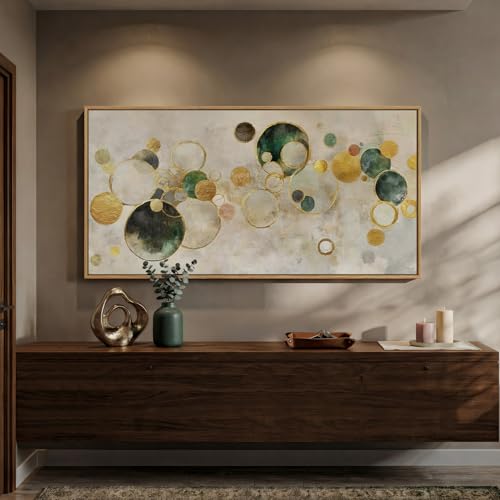 Extra Large Framed Green Gold Abstract Wall Art for Living Room