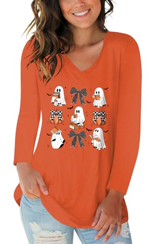 Womens Halloween Shirts Vintage V Neck Graphic Tees Funny Ghost Printed Cute Tops Long Sleeve Shirts Skull Teen Girl Trendy Clothes Orange M