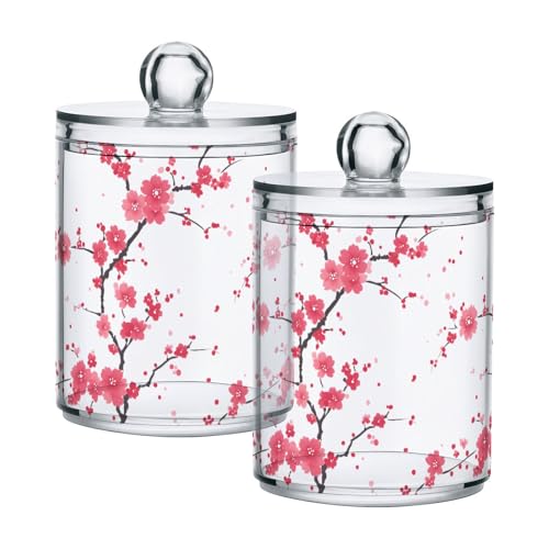 2 Pack Qtip Holder Organizer Dispenser Branches Pink Cherry Blossom Bathroom Storage Canister Cotton Ball Holder Container for Cotton Pads (2 Count)