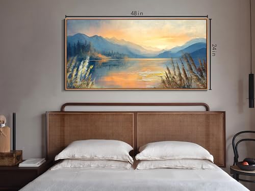 Landscape Painting Sunset Mountain Lake Canvas Wall Art Textured Wood Framed Large 48"x24"