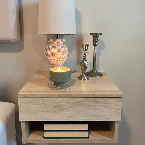 Jackson Wall Mounted Floating Bedroom Nightstand with Storage Drawer and Modern Open Shelf Cubby Set of 2