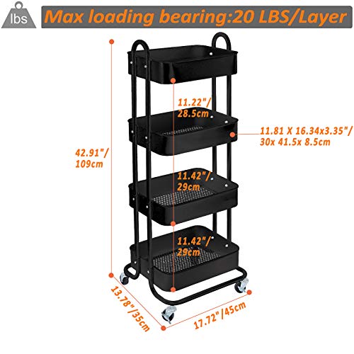 4 Tier Metal Mesh Utility Rolling Cart Storage Organizer Shelf Rack with Lockable Wheels for Living Room Kitchen Office