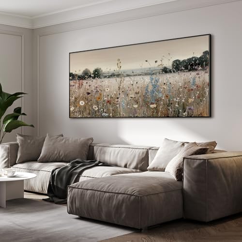 24"x46" Extra Large Framed Wall Art Wildflower Meadow Landscape Soft Pastel Field with Blooming Flowers and Trees Illustration for Home Living Room Bedroom Decor