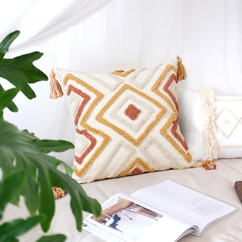 Boho Pillow Covers 18X18 Inch Boho Tufted Throw Pillow Covers Decorative Tassels Cushion Cover Farmhouse Pillow Case for Couch Sofa Bed Living Room Bedroom