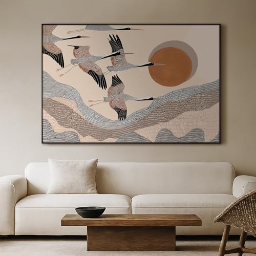46"x72" Extra Large Framed Wall Art Flying Cranes Over Sunlit Hills Illustration for Home Living Room Bedroom Decor