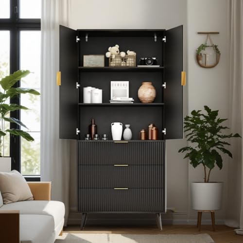 Fluted Tall Cabinet Kitchen Pantry with Adjustable Shelves