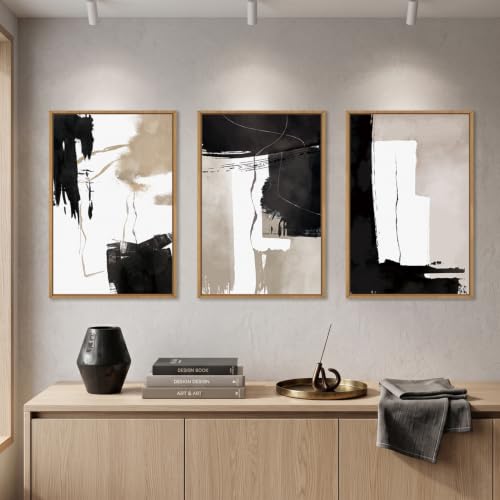 Abstract Black White Brown Framed Canvas Wall Art Set