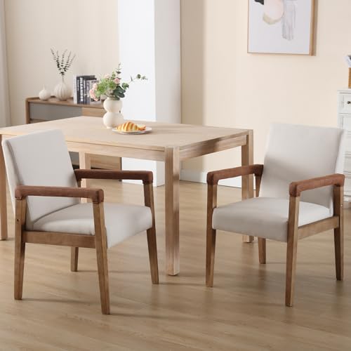 Modern Dining Chairs Set of 4 Linen Fabric Kitchen Arm Chairs Upholstered Accent Chairs with Wooden Legs for Dining Room (4 Count)