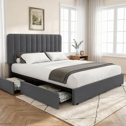Full Size Upholstered Bed Frame with 4 Drawers and Headboard