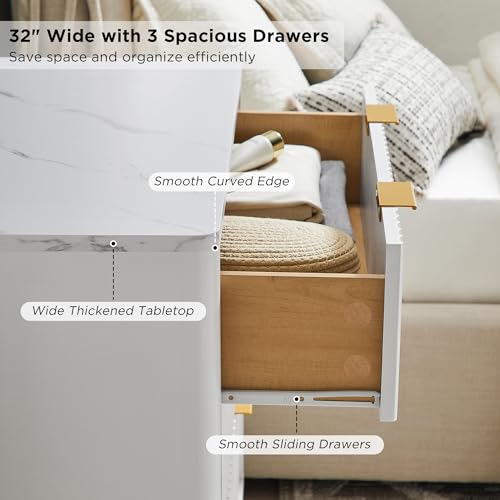32" Large Fluted Nightstand with 3 Drawers Set of 2 (2 Count)