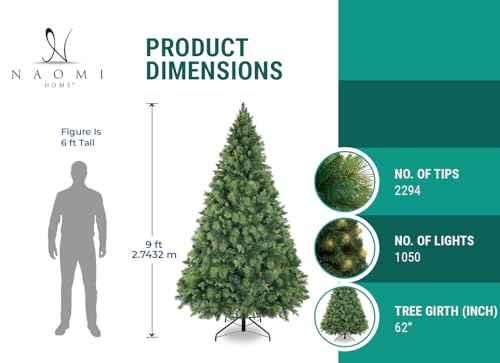 9ft Christmas Tree with Lights Realistic Traditional Christmas Tree Prelit with Pine Cones Foot Pedal 2294 Branch Tips 1050 Warm Lights and Metal Stand Aritificial