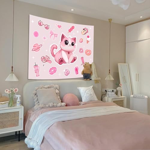 Y2K Tapestry Pink Cat Wall Tapestry