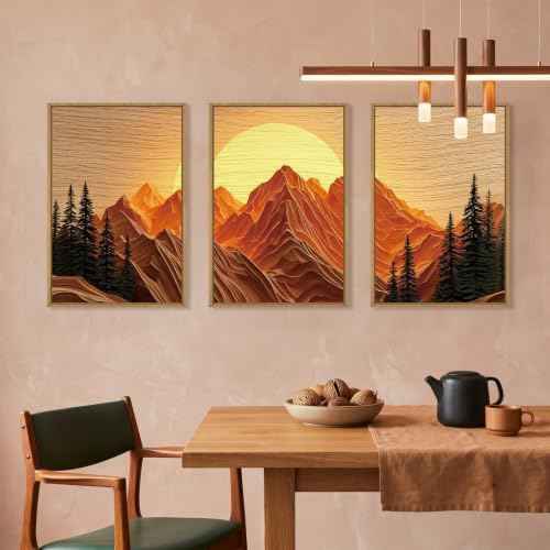 Large Boho Golden Mountain Framed Canvas Wall Art Set