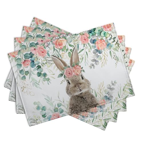 Easter Bunny Placemats Set of 4 Eucalyptus Leaves Rabbit Rose Place Mats 12x18 Inch Spring Seasonal Vintage Farmhouse Heat Resistant Washable Table Mats for Party Kitchen Dining (4 Count)