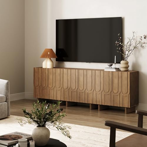 Kelly Mid Century Style Credenza with Geometric Carved Doors (3 Count)