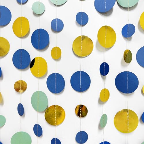 Blue Gold Green Decorations Circle Dots Garland Metallic Gold Navy Blue with Sage Green Hanging Polka Dot Streamer for Birthday Bridal Shower Wedding Bachelorette Engagement Party Supplies