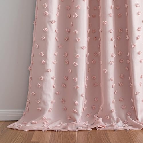 Blush Pink Pom Pom Blackout Curtains for Girls Bedroom 63 Inch Long 100% Room Darkening Curtain for Kids Room 2 Panels Small Window Treatment Grommet 2 Layered Drapes Toddler 50W x 63L (2 Count)