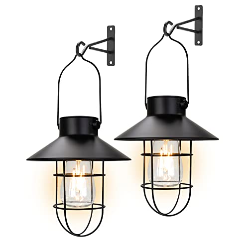 Solar Lanterns Outdoor Metal Solar Powered Hanging Lights Waterproof for Wall Barn Yard Garden Patio Garage Balcony Porch Fence Decor (2 Count)