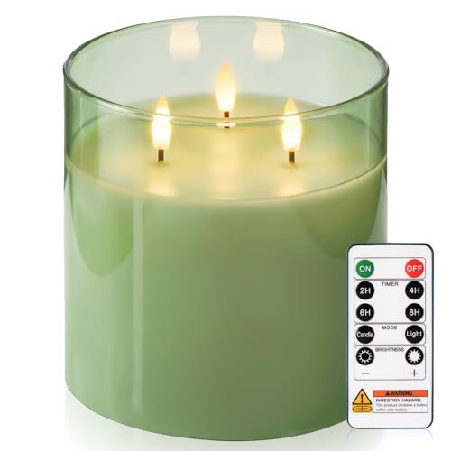 Sage Green Large Glass Flameless LED Candle