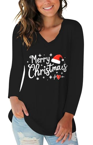 Christmas Hat Long Sleeve Cute Tees for Women Snowflake Graphic Christmas V Neck Tops S