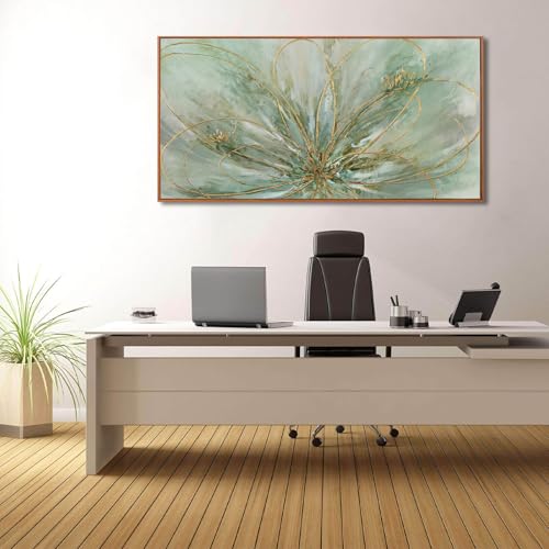 Green Abstract Canvas Artwork Flowers Wall Decor for Office Line Art Painting 24"x 48" Pictures for Bedroom Dining Room Neutral Wall Art