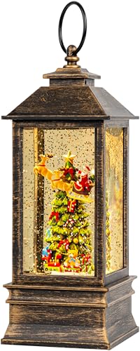10'' Musical Snow Globe Lantern Lighted Christmas Tree and Flying Santa Water Lantern Swirling Glittering Home Decoration and Gift