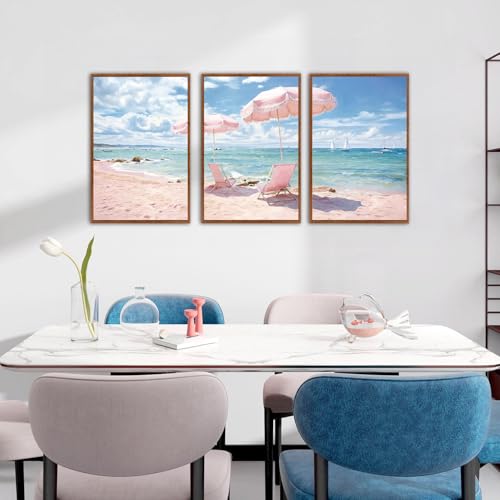 KAlRNE Seascape Coastal Decor Pink Beach Ocean Art Print Set (3 Count)