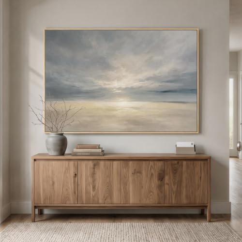 Extra Large Framed Beige Blue Coastal Abstract Wall Art