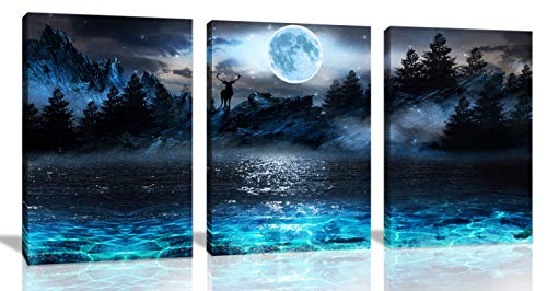 Wall Decorations For Living Room Moon Deer Ocean Landscape Picture Teen Room Decor Wall Art For Bedroom Modern Decor 3 Piece Framed Ready To Hang Moon Wall Art 3 Piece Wall Art Size 12x16 Each Panel