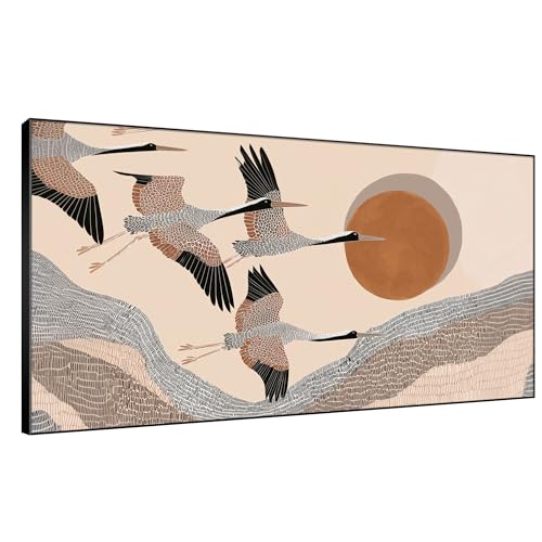36"x72" Extra Large Framed Wall Art Flying Cranes Over Sunlit Hills Illustration for Home Living Room Bedroom