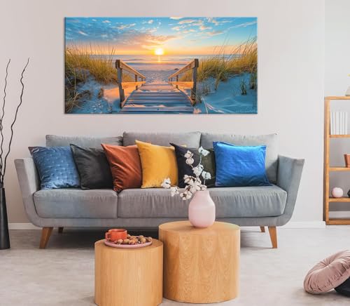 Beautiful White Sandy Beach Pier by Seaside at Sunset Landscape Wall Art Decor Artwork for Bedroom Living Room