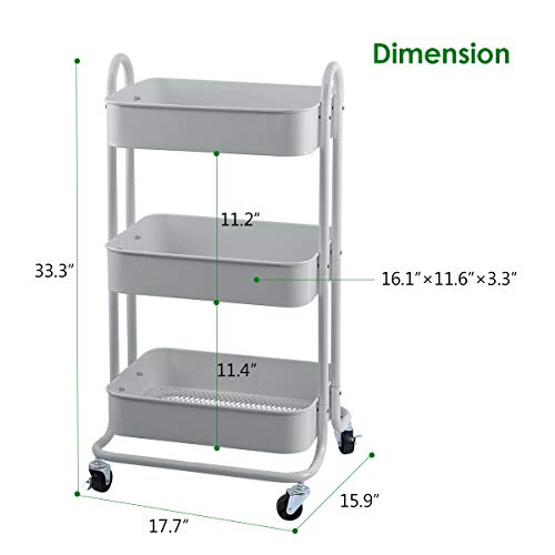 3 Tier Metal Mesh Utility Rolling Cart Storage Organization Cart with Wheels (3 Count)