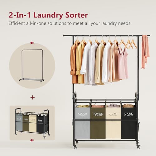 Laundry Sorter Cart with Hanging Clothes Rack