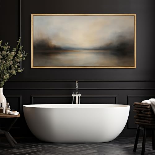 Extra Larg Framed Canvas Print Wall Art Abstract Landscape Neutral Tones Misty Horizon Illustrations Decorative Colorful for Bedroom