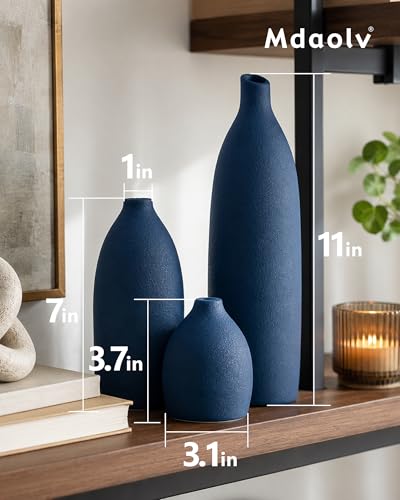 Matte Blue Vase Set Navy Blue Decor Coastal Decor Vases for Kitchen Island Living Room Office Table Fireplace Mantle Decorations & Bathroom Shelf Decor Centerpiece Table Decorations Ceramic (3 Count)