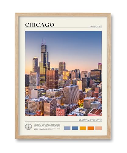 Natural OAK Wood Chicago Cityscape Framed Wall Art