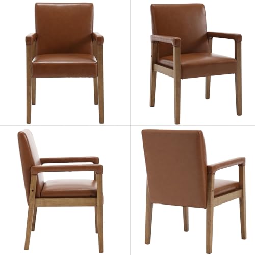 Modern Dining Chairs Set of 4 Faux Leather Kitchen Arm Chairs Upholstered Accent Chairs with Wooden Legs for Dining Room
