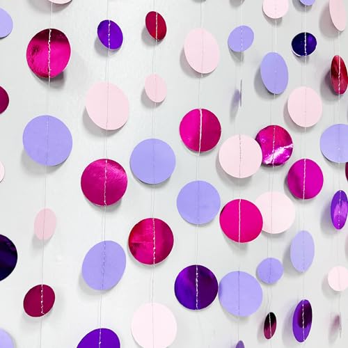 Pink and Purple Party Decorations Circle Dots Garland Hot Pink Lavender Hanging Polka Dot Streamer for Birthday Bridal Shower Wedding Bachelorette Anniversary Party Supplies