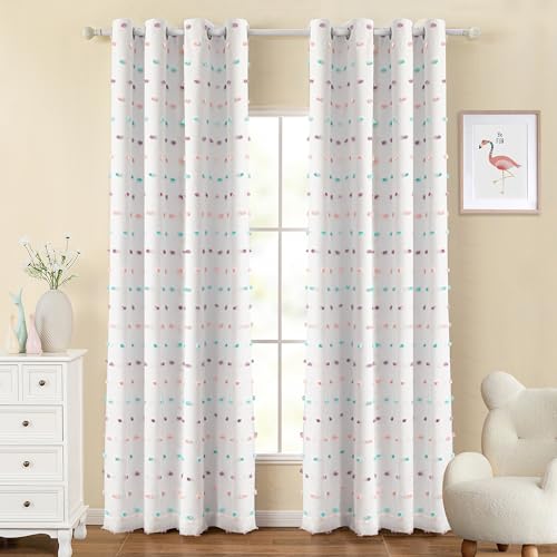 Kids Blackout Curtains for Boys Bedroom 84 Inch Long 100% Light Blocking Cute Curtains for Playing Room 2 Panels Grommet Nursery Drapes with Rainbow Pom Pom Sheer 2 Layered 50W x 84L (30 Count)