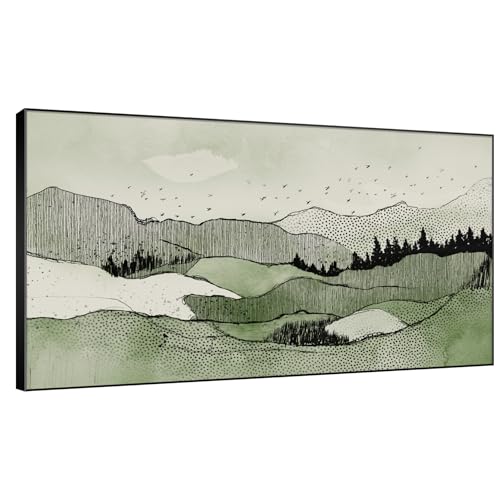 36"x60" Extra Large Framed Wall Art Green Line Art Mountain Landscape Illustration for Home Living Room Bedroom Decor