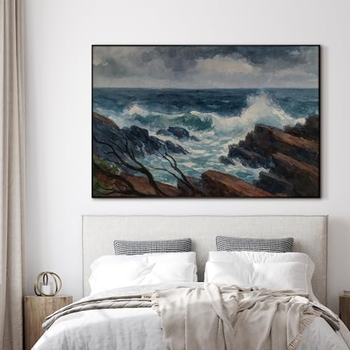46"x72" Extra Large Framed Wall Art Rocky Seashore with Crashing Waves and Moody Sky for Home Living Room Bedroom Decor